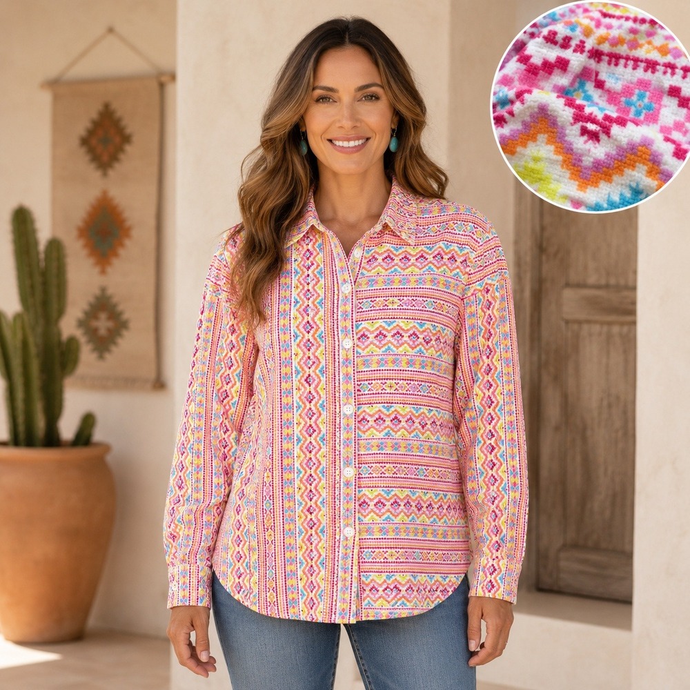 Savanna Jane Button Jacket Shirt Aztec Print Corduroy Ribbed Pink Women M Boho